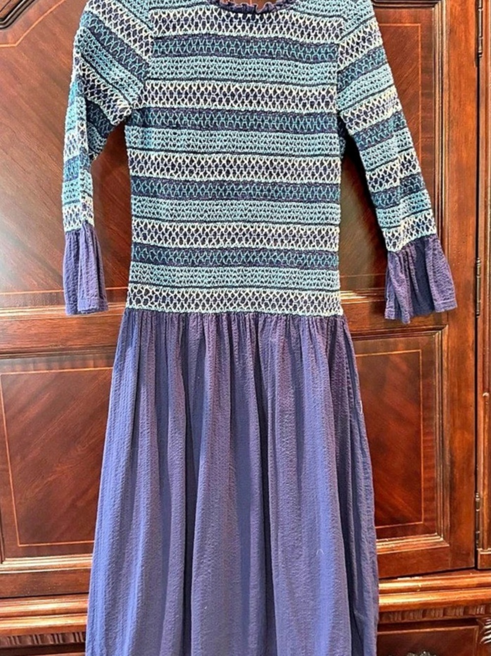 Free People Guided Star Smocked Long Sleeve Midi Dress Blue Large